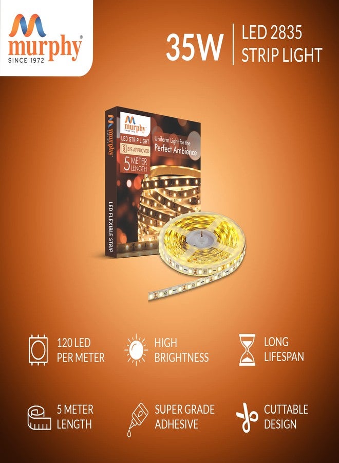 مورفي شريط إضاءة LED من مورفي بقوة 35 واط، طراز 2835، إضاءة عالية السطوع، طول 5 أمتار (120 مصباح LED/متر) (أبيض دافئ، عبوة من قطعتين) مع مشغل 12 فولت تيار مستمر 3 أمبير. - Image 2